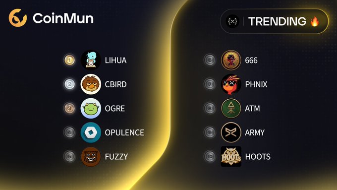 A CoinMun "Trending" leaderboard displays the top 10 trending XRPL memecoins ranked 1–10, featuring LIHUA, CBIRD, OGRE, OPULENCE, FUZZY, 666, PHNIX, ATM, ARMY, and HOOTS alongside their respective icons and social handles. The chart visually highlights the order of the trending tokens mentioned in the accompanying post.