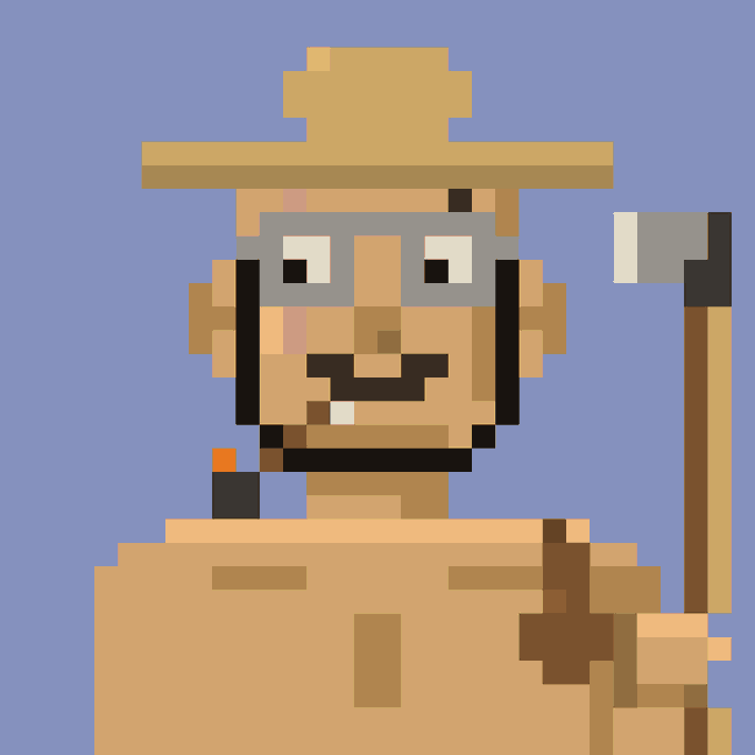 A pixel art illustration of a shirtless man with glasses, a brown hat, and a beard, holding an axe against a solid blue background.