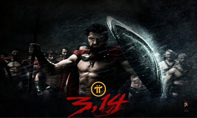 A cinematic image of a Spartan warrior wielding a sword and shield, with the date "3,14" and Pi Network's logo prominently displayed. The accompanying post evokes themes of perseverance and victory, mirroring the warrior's steadfast stance as a symbol of Pi Network's leadership and resilience in the crypto space.