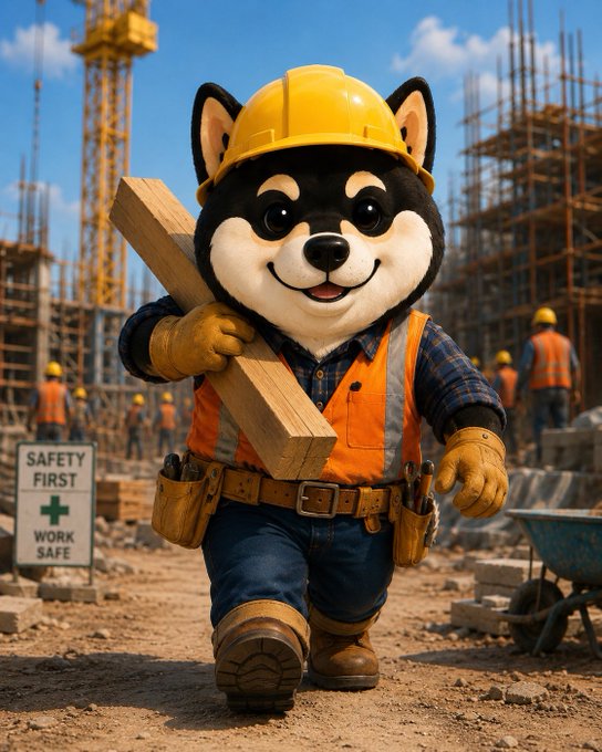 A cartoon Shiba Inu mascot dressed as a construction worker carries lumber at a building site, with a "SAFETY FIRST - WORK SAFE" sign visible.

The image ties into the $MANYU post by depicting the mascot in a laborer role, reinforcing the "ManyuArmy" theme of the community being prepared and hard at work, suggesting an unexpected, building momentum behind the token.