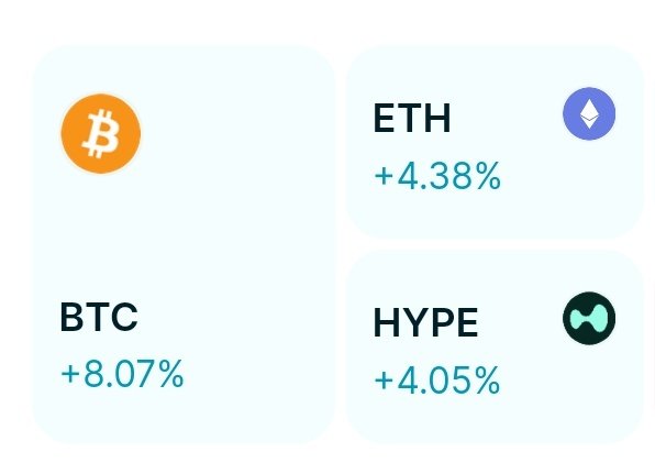 A cryptocurrency dashboard displays three tokens with their 24-hour gains: BTC (+8.07%), ETH (+4.38%), and HYPE (+4.05%).