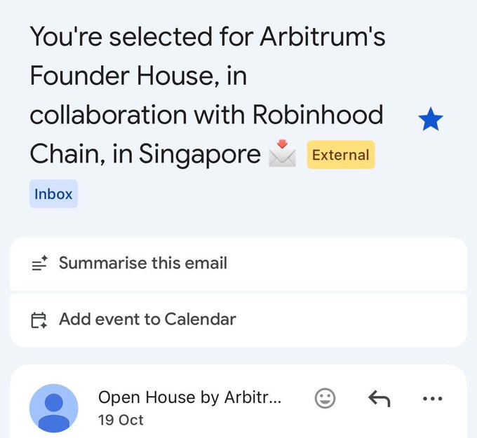 A screenshot of an email announcing that Lighthouse has been selected for Arbitrum’s “Founder House” in Singapore, in collaboration with Robinhood Chain. It includes suggested actions to “Summarise this email” and “Add event to Calendar,” plus an “Open House by Arbitr…” entry dated 19 Oct.