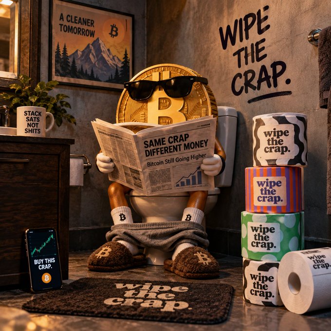 A whimsical bathroom scene featuring a Bitcoin coin wearing sunglasses sitting on a toilet reading a 'SAME CRAP DIFFERENT MONEY' newspaper, surrounded by stacks of 'wipe the crap' toilet paper rolls and Bitcoin-themed merchandise.