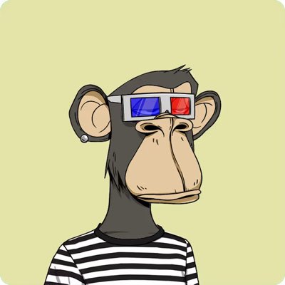 The image features a cartoon monkey wearing glasses, which are red, blue, and green. The monkey appears to be wearing a striped shirt with black and white stripes. The background of the image is yellow, providing a contrast that makes the monkey stand out. The caption below the image reads "BAYC simple @BoredApeYC Cult #NewProfilePic".
