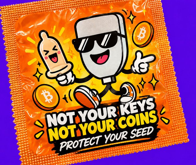 A colorful illustrated design on an orange condom wrapper reads 'NOT YOUR KEYS NOT YOUR COINS PROTECT YOUR SEED' featuring a cartoon hardware wallet character with sunglasses holding a Bitcoin alongside a baby bottle character.