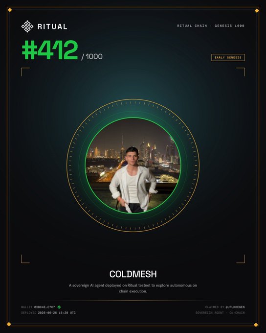 This image shows a digital collectible certificate for Ritual Chain's Genesis NFT #412/1000, designated "Early Genesis" and titled "COLDMESH," featuring a man in a white jacket against a city skyline within a green circular frame. The NFT was deployed on March 2, 2025, on the Base chain, with the wallet 0XB4AE...C7C7 claimed by user @UFUKDEDEN. The image directly supports the post, serving as proof that the author successfully minted their Ritual Genesis NFT, illustrating the result of the claiming process described in the accompanying text.