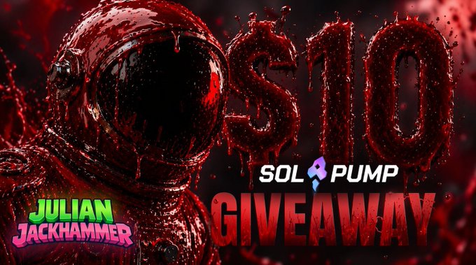The image features a close-up of an astronaut's head, with "$10" written below him in red letters, and "SOL 4PUMP" written above him as part of a logo for a giveaway that takes place in a game based on the movie Jumanji. The caption suggests that people who participate in this contest will receive $10.