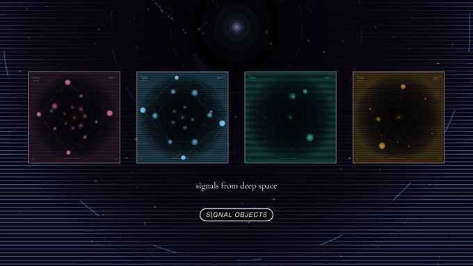 The image features a poster with four different images of stars, each representing a different color - pink, blue, green, and yellow. The poster also includes text that reads "Signals from deep space" and "Signal Objects". This suggests that the poster is related to the concept of signals in space or possibly an advertisement for a product or service involving signals.