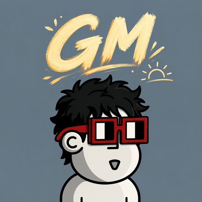 The image features a cartoon character wearing red glasses, standing against a blue background with the word "gm" written above him. The character appears to be looking up at the sun, which is located near the top of the image. The caption below the image reads, "Thinking about getting back into nfts? grab an npc and join the family gm.. hope everyone has a blessed day ahead!".