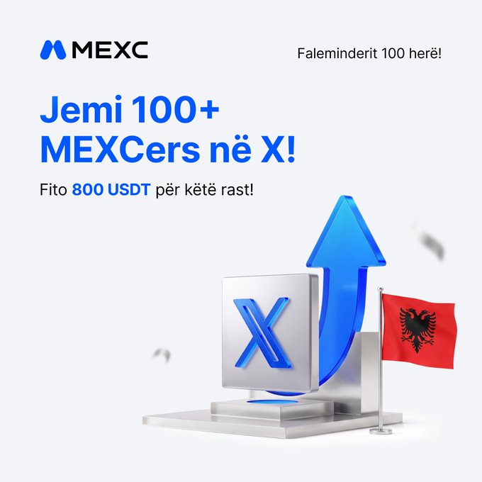 A MEXC promotional graphic in Albanian announcing "Jemi 100+ MEXCers në X! Fito 800 USDT për këtë rast!" (We're 100+ MEXCers on X! Win 800 USDT for this occasion), featuring the MEXC logo, a 3D upward arrow with the X icon, and an Albanian flag to celebrate surpassing 100 followers.