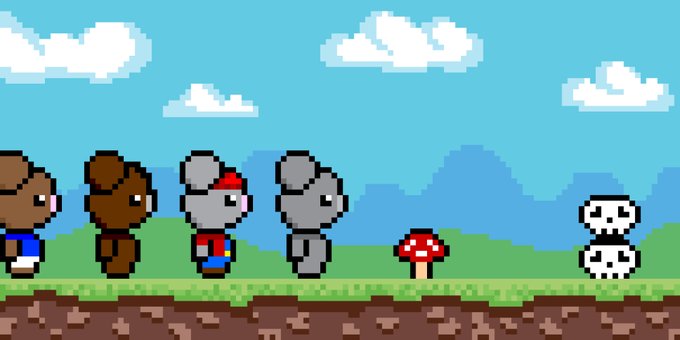 A pixel art scene featuring several cartoon animal characters (a bear, a brown character, a mouse, and a koala) standing on a grassy platform in a side-scrolling style, with a red mushroom and a stack of skulls nearby.