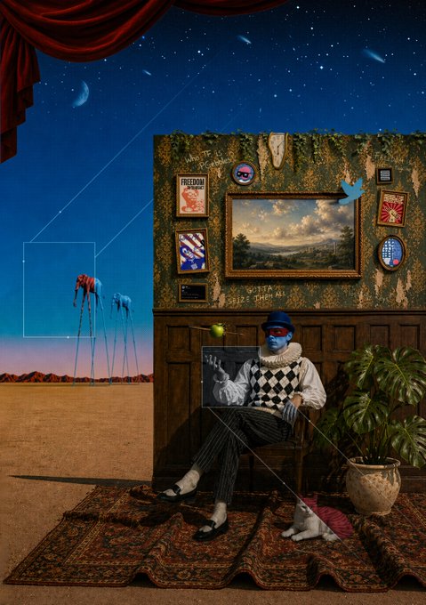 A surreal collage shows a blue-faced figure in a harlequin sweater sitting in a chair against a patterned wall, with surreal elements like tall-legged animals and a starry sky in a desert landscape.