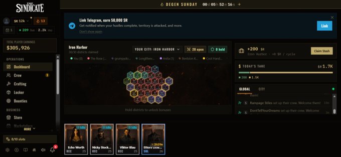 A screenshot of the 'Syndicate' web3 dashboard showing the 'Iron Harbor' city with a hexagonal district map, player earnings of $305,926, and a link offer 'Earn $8,000 SR'.