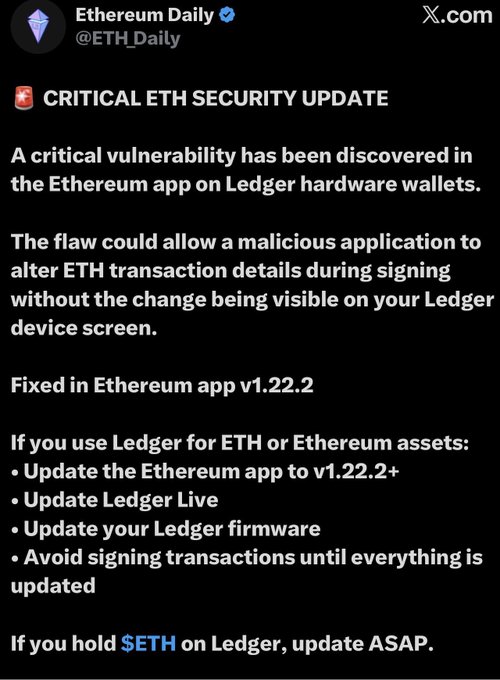 A tweet from Ethereum Daily (@ETH_Daily) titled 'CRITICAL ETH SECURITY UPDATE' warning of a vulnerability in the Ethereum app on Ledger hardware wallets, fixed in version v1.22.2.