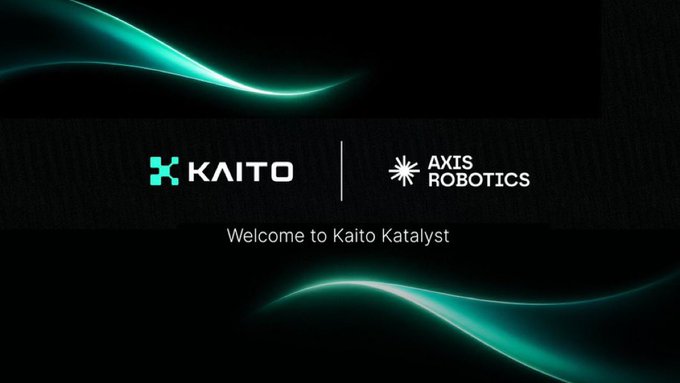 The image displays a promotional graphic for "Kaito Katalyst" featuring the KAITO and AXIS ROBOTICS logos against a dark background with flowing teal light effects, introducing Axis Robotics' token-based creator campaign on the Kaito Katalyst platform.