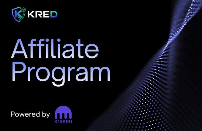 A promotional graphic with the KRED logo features the bold text "Affiliate Program" alongside a "Powered by Kraken" badge at the bottom. The image visually reinforces the post's announcement of KRED's official affiliate partnership with Kraken, highlighting the collaboration between the two platforms.