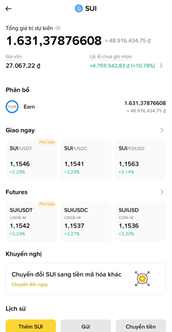 A cryptocurrency trading app screenshot displaying a SUI token holdings page, showing a total estimated value of 1.6313786608 (approximately $48,916,434.75 USD) with unrealized profit of +10.78%, along with spot and futures trading pairs.