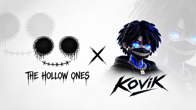 A promotional graphic featuring 'THE HOLLOW ONES' logo with a stitched smiley skull design crossed with 'KOVIK', showing an animated character with blue glowing eyes and a hooded jacket.