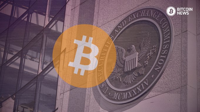 A Bitcoin logo is overlaid on the SEC seal displayed on a building's exterior, accompanied by "Bitcoin News" branding in the top right corner. The image visually reinforces the post's news about the SEC proposing new rules under the 1940 Act to allow investment advisers to hold Bitcoin and digital assets directly when qualified custodians are unavailable.