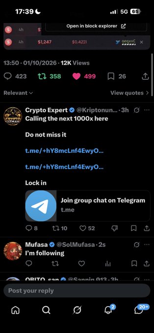 A screenshot of a Twitter post by 'Crypto Expert' (@Kriptonun...) promoting a Telegram group link, showing 12K views and various engagement metrics.