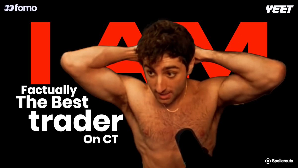 The image features a shirtless man with his arms raised, surrounded by a black background that highlights him against a white rectangle shape. The image includes text at the bottom of the rectangle reading "I AM factually THE best trader ON CT" followed by a humorous message in another box that says "@rasmr_eth turns into one of the best traders on CT (factually). Disclaimer: Just a funny blooper."