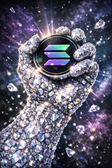 A glittering, crystal-encrusted hand clutches the Solana (SOL) logo against a cosmic purple backdrop, with sparkling diamond shards floating around it. The image visually reinforces the "diamond hands" meme by depicting an unbreakable, gemstone-fortified grip on the cryptocurrency, symbolizing steadfast holding regardless of market volatility.