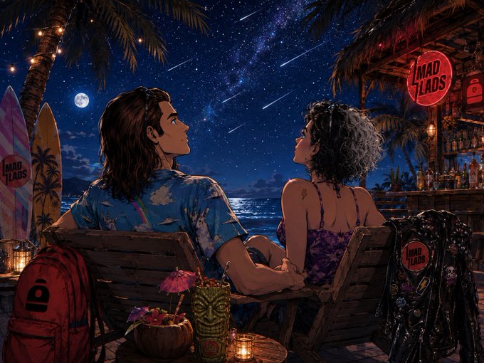 A couple sits at a beachside bar under a meteor shower, gazing up at the starry sky, surrounded by surfboards, a backpack, and cocktail decor branded with "MAD LADS." The Lovecraftian quote about stars enabling cosmic travel pairs thematically with the celestial scene, where shooting stars streak across the night as if opening a portal between worlds.