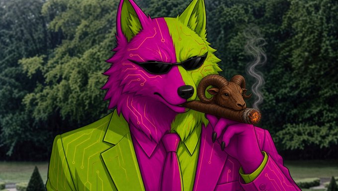 A stylized anthropomorphic wolf character with split magenta and green coloring, wearing sunglasses and a suit, holds a smoking ram-headed cigar.