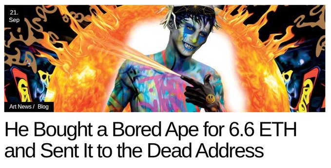 An article header dated '21. Sep' showing a colorful illustrated ape character breathing fire, titled 'He Bought a Bored Ape for 6.6 ETH and Sent It to the Dead Address'.