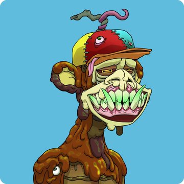 The image features a cartoon monkey with a face painted on its head wearing a hat that has a snake on it. The monkey appears to be dripping or oozing something, possibly chocolate, which adds to its unique appearance. The background of the image is blue, and there are some words written in the corner, including "focus on what is in the image" and "Anyway, I want to thank Bored Ape Yacht Club".