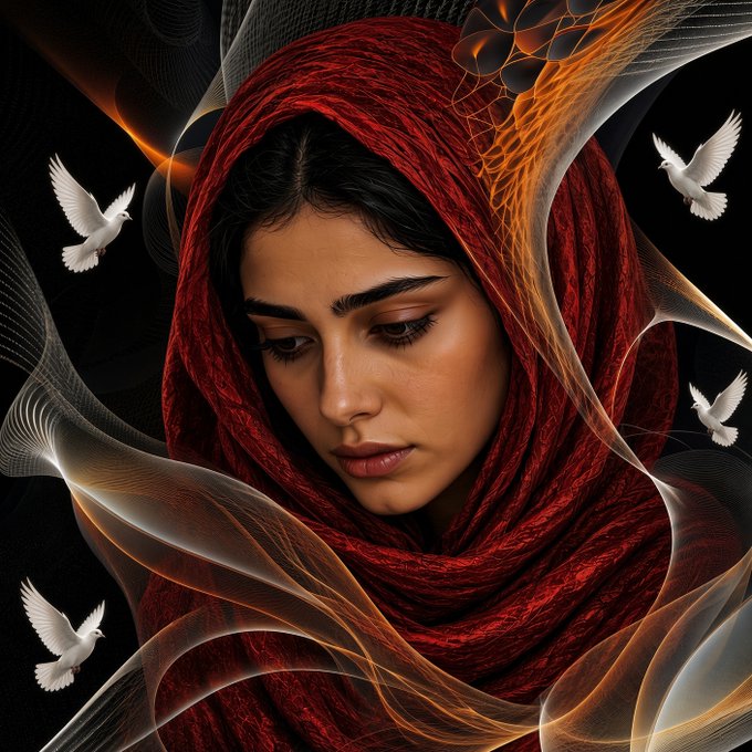 A digital artwork featuring a woman wearing a flowing red headscarf, surrounded by abstract orange and white swirling patterns and several white doves against a dark background.