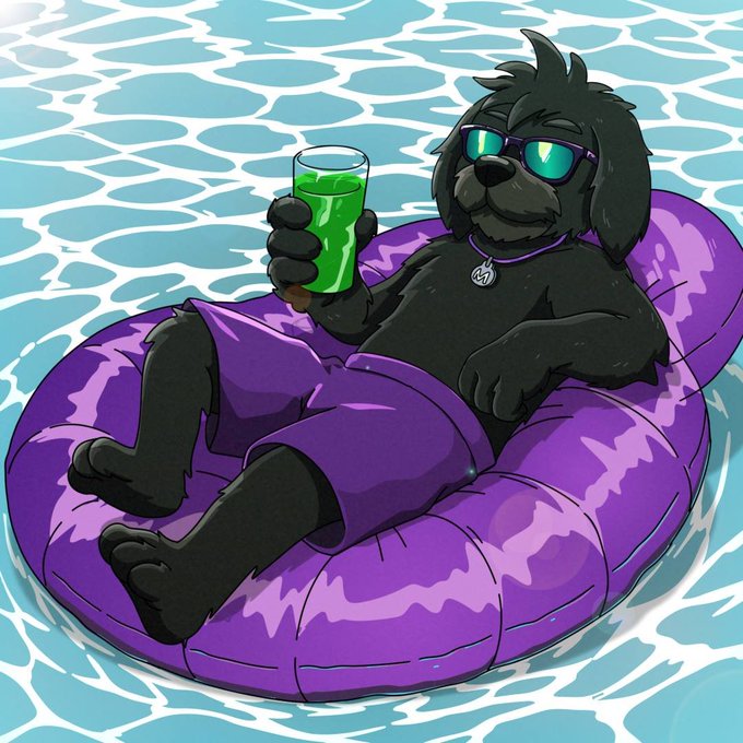 A black dog wearing reflective sunglasses relaxes on a purple inflatable ring in a pool, sipping a green drink while wearing a "$MYRO" pendant—matching the caption's carefree summer vibes as it celebrates finding water, a floaty, and a free beverage.