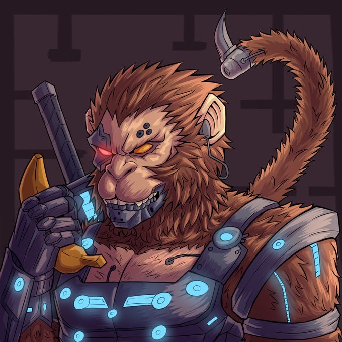 A digital illustration depicts a menacing brown cyborg monkey warrior with glowing red and orange eyes, bionic enhancements, and futuristic armor, wielding a weapon.
