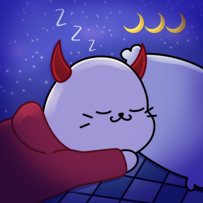 A digital illustration of a cute white devil-like character with red horns sleeping under a blue blanket, with "Zzz" symbols and three yellow crescent moons above against a starry night sky.