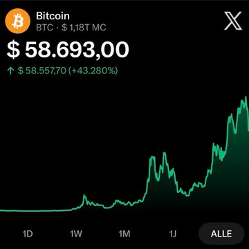 A Bitcoin price chart from X shows BTC at $58,693.00 with a $58,557.70 (+43.28%) gain over the selected "Alle" (All) timeframe, visually supporting the post's preference for holding spot Bitcoin directly over MSTR for long-term investment.