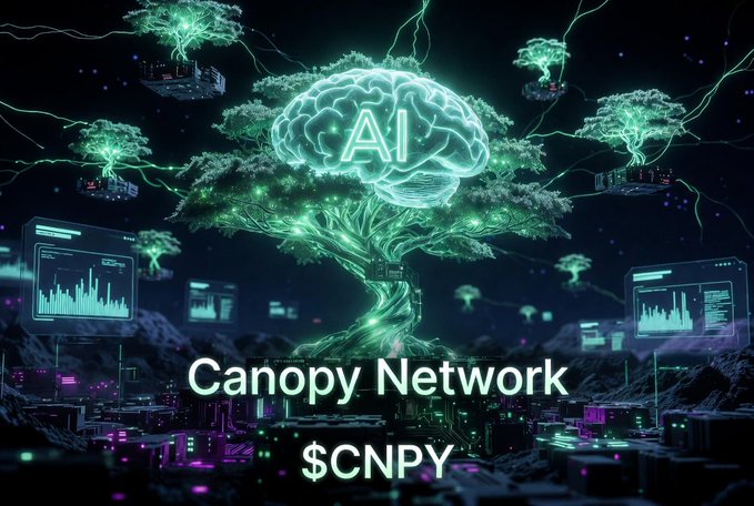 A futuristic AI-themed graphic featuring a glowing green brain-tree with "AI" text, set against a cyberpunk cityscape with data displays, labeled "Canopy Network" and "$CNPY."