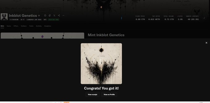 The image shows a screenshot of a website called "InkGenetics", which appears to be related to genetics or art. The main focus of the image is an artwork featuring a bird with wings, possibly a black bird, against a dark background. The text in the image reads "Congratulations You got it!". This suggests that the user has achieved something on this website and has been recognized for their accomplishment.