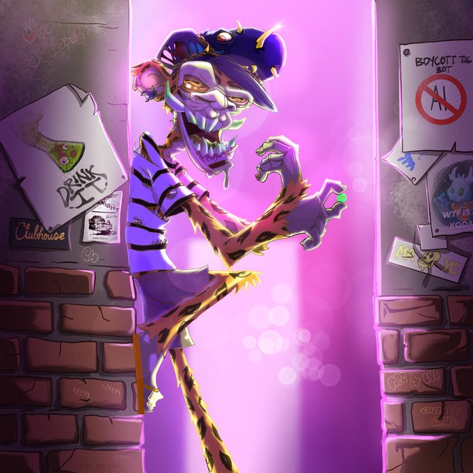 The image features a cartoon character with a purple body and striped shirt standing against a brick wall. The character has a large head with horns and a mouth full of teeth, giving them an evil or mischievous appearance. They are holding a green object in their hand, which appears to be a toy or weapon. The character is wearing a hat that matches the color of the purple body. The background includes a brick wall and some posters on it.