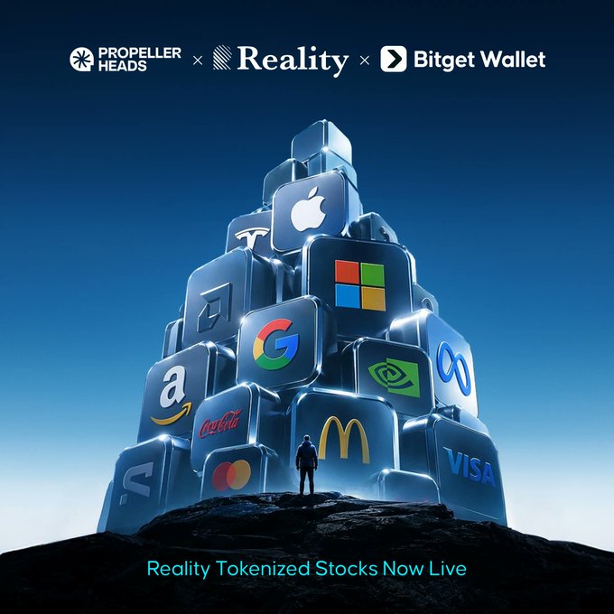 A promotional graphic showing a person standing before a pyramid of corporate logos (Apple, Microsoft, Google, McDonald's, Visa, etc.) with text "PROPELLER HEADS x Reality x Bitget Wallet" and "Reality Tokenized Stocks Now Live."