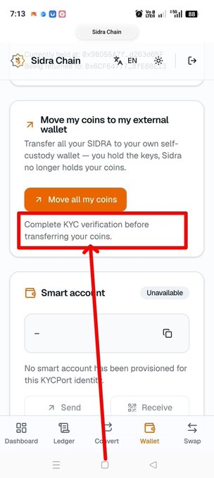 A screenshot of the Sidra Chain wallet app displays a prompt stating "Complete KYC verification before transferring your coins," highlighting a bug where verified users are unable to move their coins to an external wallet despite having completed KYC.