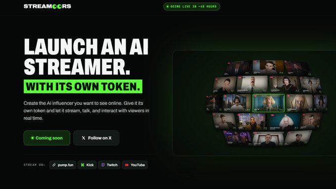 A promotional graphic for 'STREAMCORS' that reads 'LAUNCH AN AI STREAMER. WITH ITS OWN TOKEN,' showing a grid of AI-generated streamer avatars.