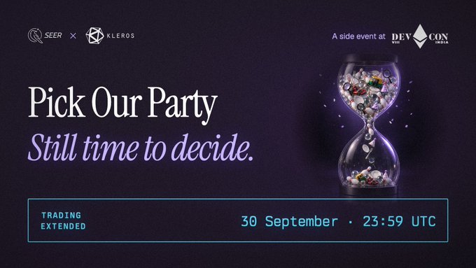 A dark purple promotional graphic for SEER and KLEROS at DEVCON India, featuring an hourglass filled with small icons and text reading 'Pick Our Party - Still time to decide' with a trading deadline extended to 30 September 23:59 UTC.