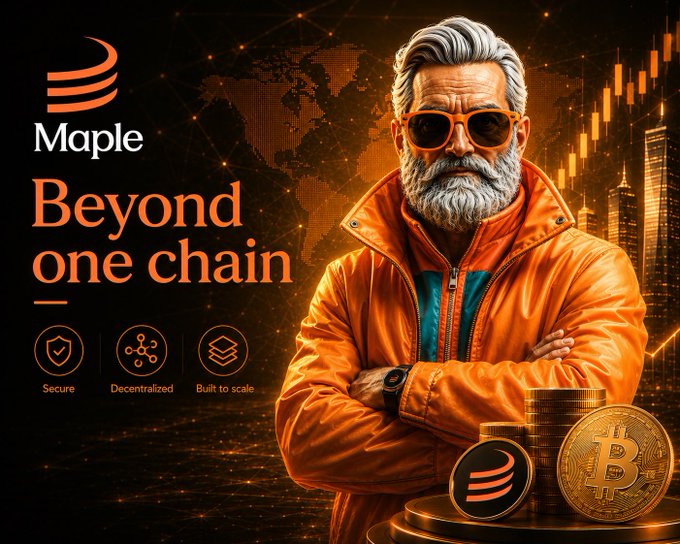 The image features a man wearing an orange jacket with sunglasses and standing next to stacks of gold Bitcoins. The background includes a map, which suggests that the man might be involved in cryptocurrency or blockchain technology. The text "Maple" appears multiple times throughout the image, indicating that it is related to the finance industry.