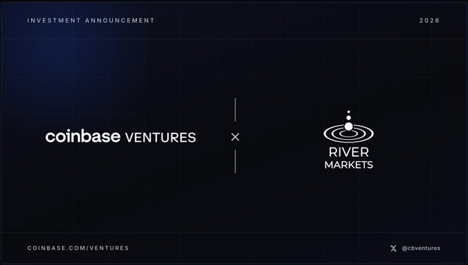 A sleek dark announcement graphic from 2026 displays "coinbase VENTURES" on the left paired with the "RIVER MARKETS" logo on the right, separated by a minimalist "×" symbol, with the header "INVESTMENT ANNOUNCEMENT" and the URL "coinbase.com/ventures" along with the @cbventures handle. The image visually represents Coinbase Ventures' investment in River Markets, supporting the post's message about bringing professional-grade execution and risk management tools to prediction markets.