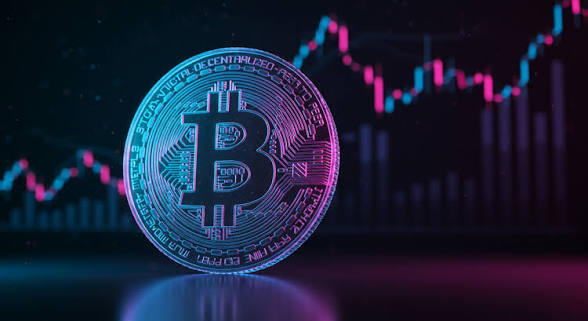 A glowing Bitcoin coin stands in the foreground with a colorful candlestick chart showing an upward price trend in the background.