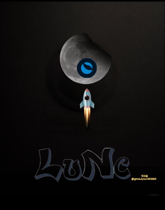 A rocket launching towards a moon-like circle containing a blue logo, with the stylized text 'Lune' and '1006 @ghtmaclynson1006' below on a dark background.