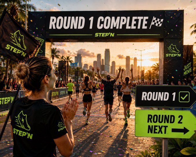 A promotional image for STEP'N showing a woman in branded gear watching runners cross a finish line marked 'ROUND 1 COMPLETE,' with signs indicating 'ROUND 1 ✓' and 'ROUND 2 NEXT →'.