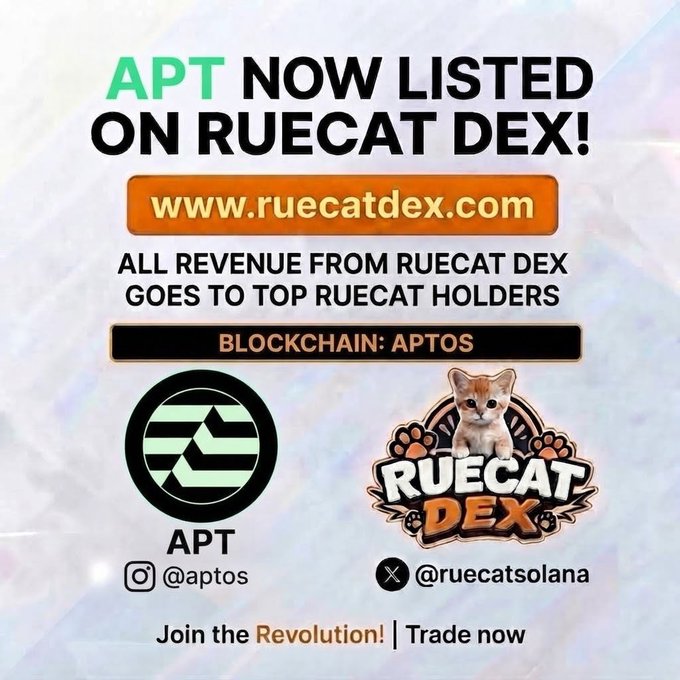 A promotional graphic announcing 'APT NOW LISTED ON RUECAT DEX!' at www.ruecatdex.com, noting all revenue goes to top RueCat holders, with Aptos and RueCat Dex logos.