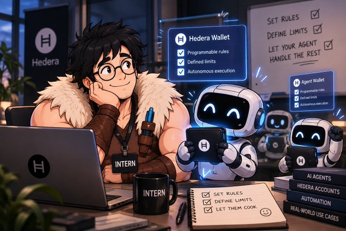 Illustration of an intern working on a laptop alongside robots displaying 'Hedera Wallet' and 'Agent Wallet' features including 'Programmable rules', 'Defined limits', and 'Autonomous execution', with a checklist reading 'SET RULES, DEFINE LIMITS, LET THEM COOK'.