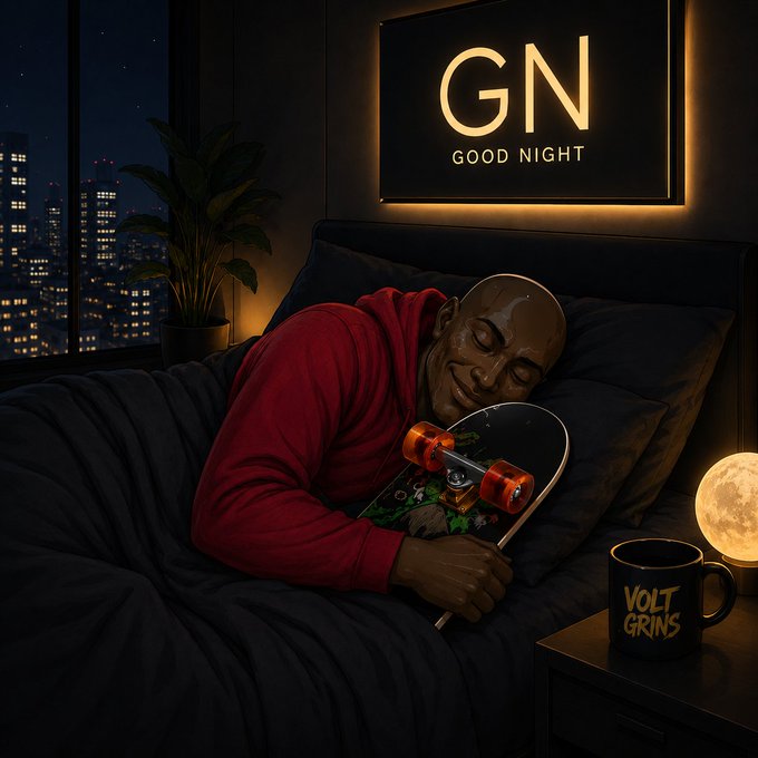 A man sleeps peacefully in bed cuddling a skateboard, with a glowing "GN GOOD NIGHT" sign on the wall, a moon lamp, and a "VOLT GRINS" mug on the nightstand—visually reinforcing the cozy goodnight vibe of the post.